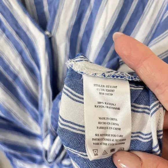 Kut from the Kloth Womens Blouse Small Blue Striped Crossover Roll Tab Sleeve - Picture 4 of 6